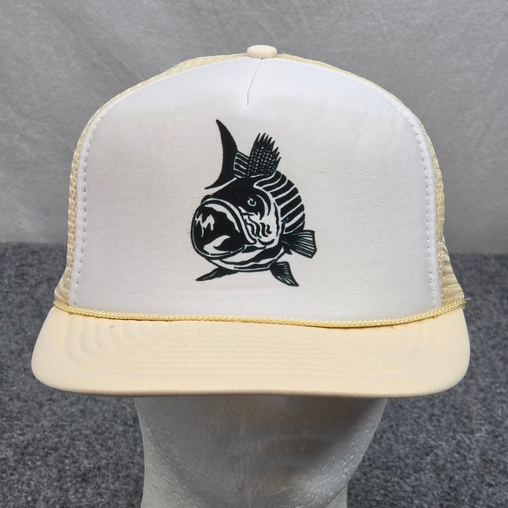Vintage Fishing Truckers Cap Cream Beige Tan Fish Rope Cap Snapback Outdoor 90s